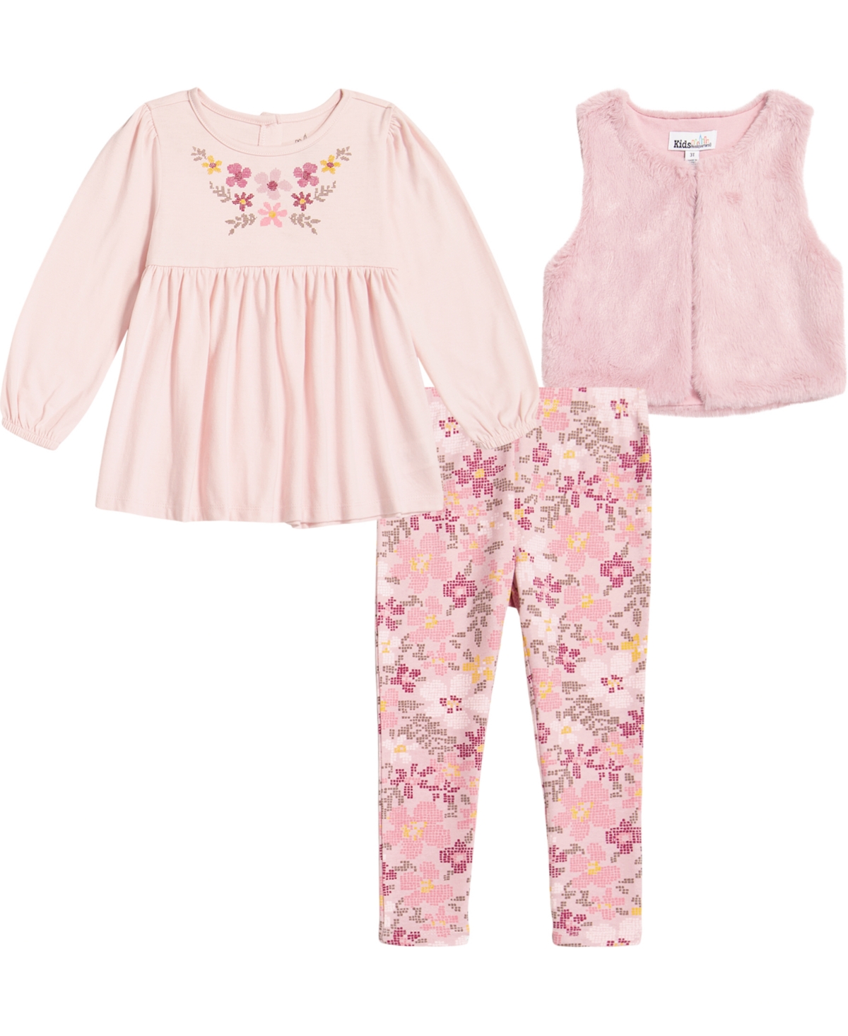 Kids Headquarters Toddler Girls Floral Peasant T-shirt, Faux Fur Vest And Big Floral Leggings, 3 Piece Set In Pink