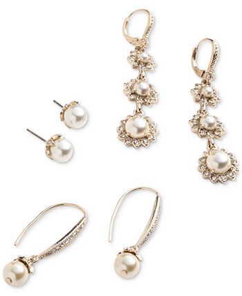 Marchesa Gold-Tone Imitation Pearl & Crystal Triple Drop Earrings - Macy's