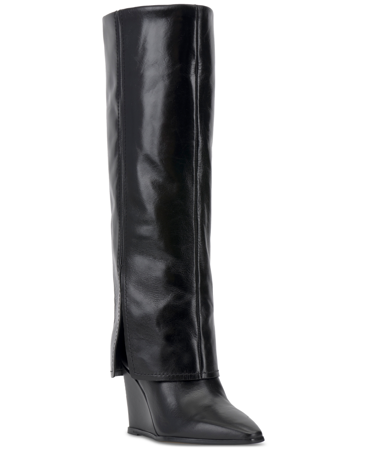 Vince Camuto Women's Tibani Fold-over Wide-calf Cuffed Knee-high Wedge Boots In Black Leather