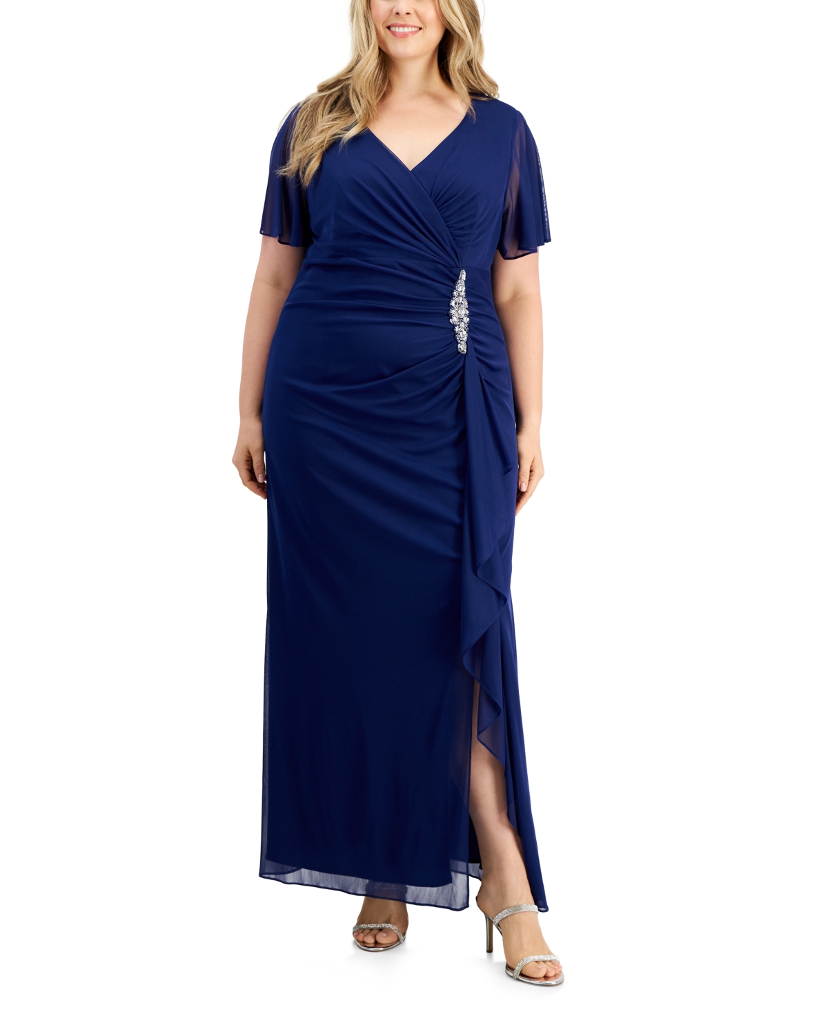 Alex Evenings Plus Size Flutter-sleeve Embellished-trim Gown In Electric Blue