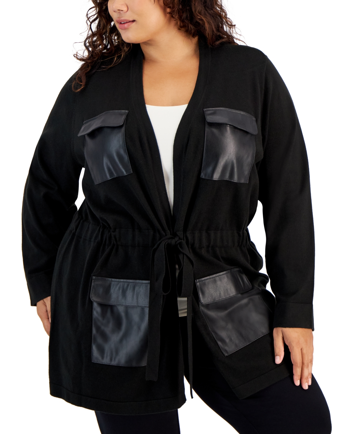 Calvin Klein Plus Size Faux-leather-pockets Cardigan In Black