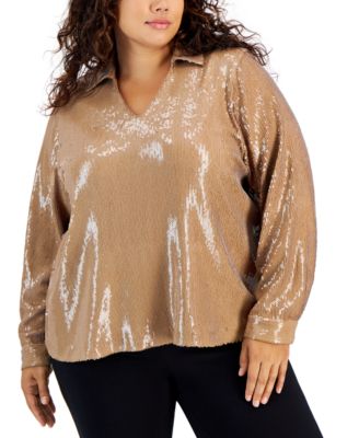 Calvin Klein - Plus Size Sequined Split-Collar Top