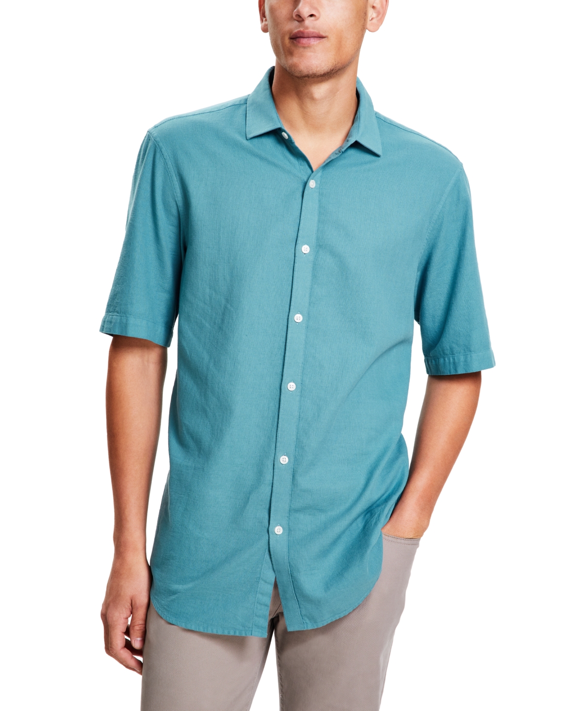 Shop Alfani Men's Short-sleeve Solid Textured Shirt, Created For Macy's In Deep Patina