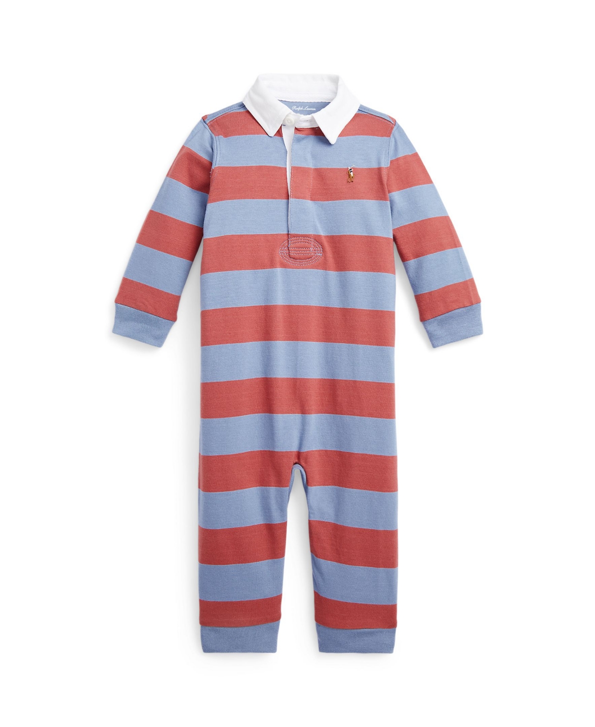 Polo Ralph Lauren Baby Boys Striped Cotton Jersey Rugby Coverall In Channel Blue,outpost Red