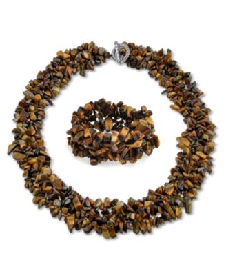 Large Natural Stones Cluster Multi Strand Collar Necklace and Stretch Bracelet Set
