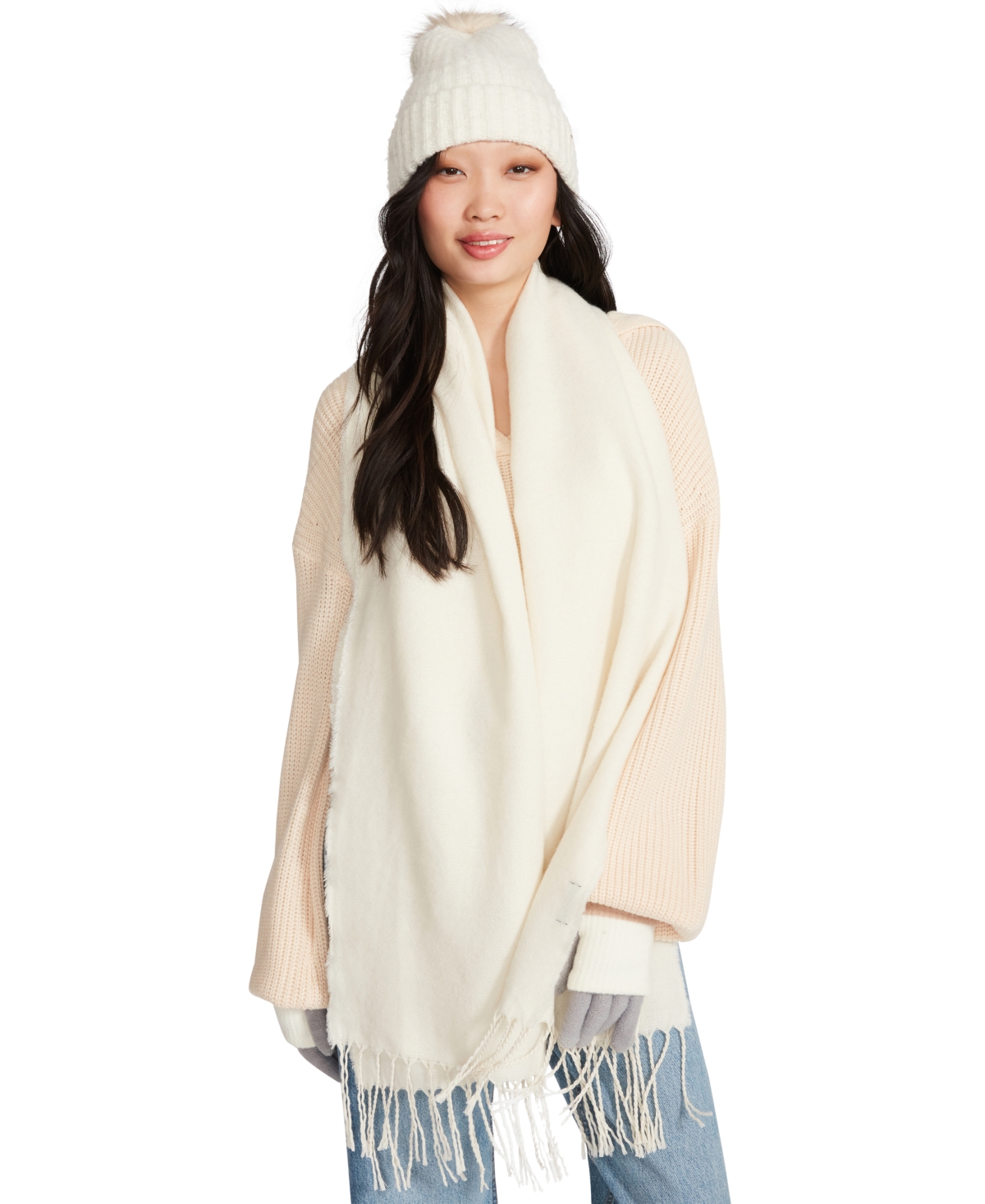 Cozy Blanket Scarf with Fringe Detail - White Solid
