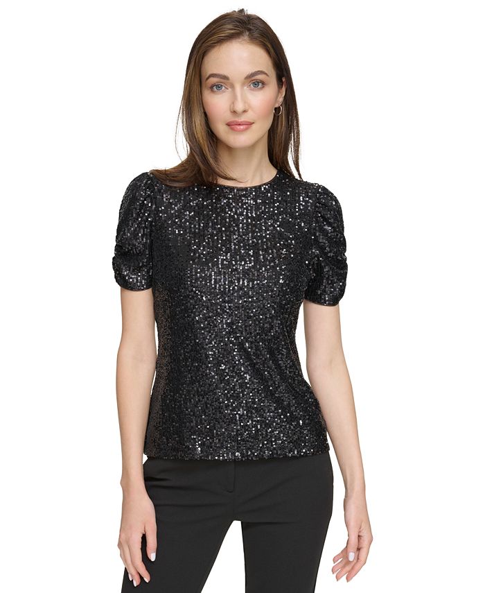 DKNY Women's Puff-Sleeve Sequin-Embellished T-Shirt - Macy's