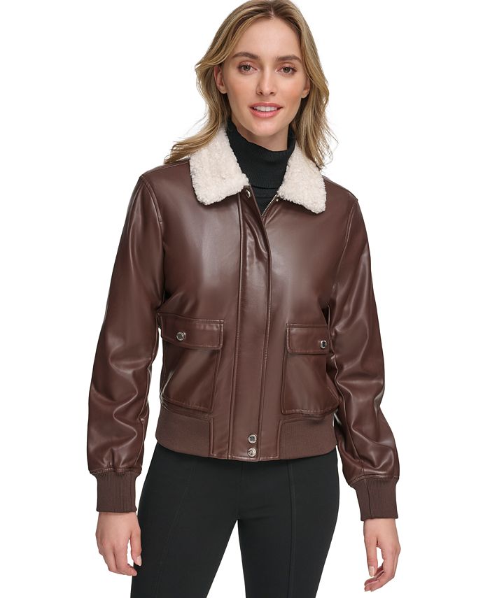 Calvin Klein Women's Faux-Leather Bomber Jacket - Macy's