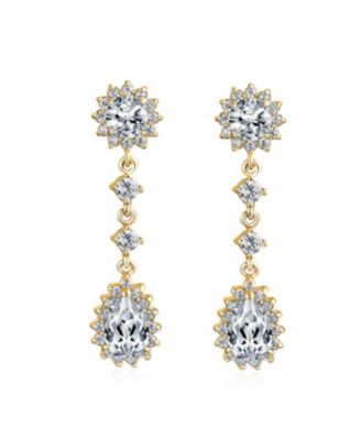 Crown Halo Cubic Zirconia CZ Teardrop Chandelier Clip On Earrings Non-Pierced