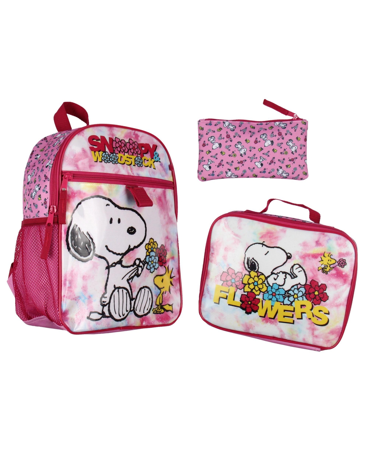 Snoopy Woodstock Flower Character 3 Pc Backpack Lunchbox Pencil Pouch - Pink