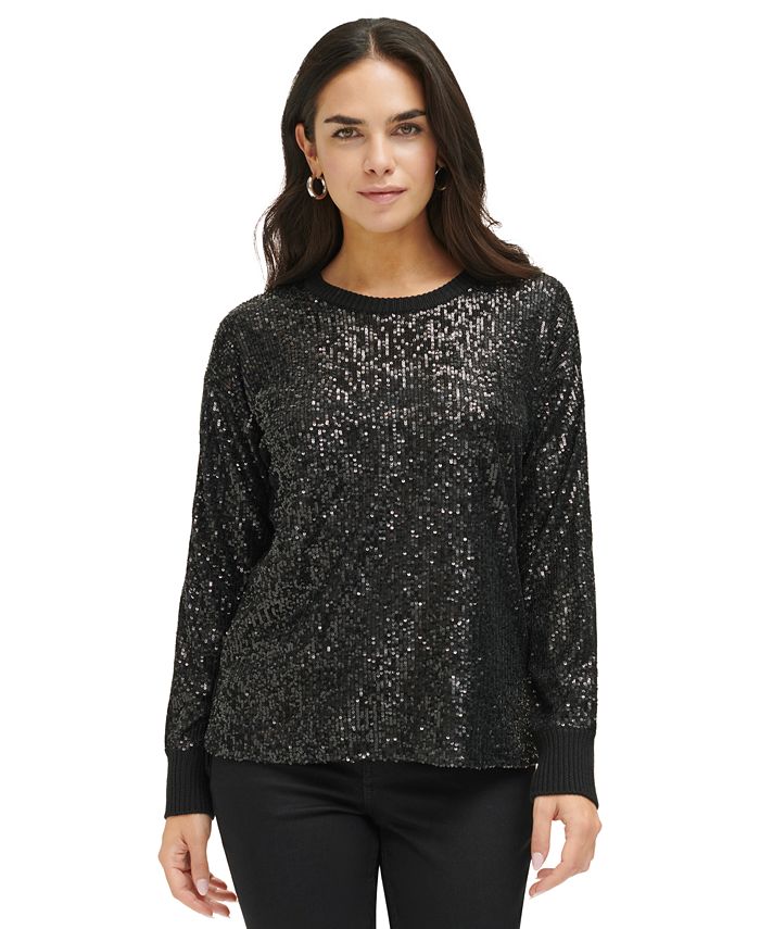 Calvin Klein Women's Long Sleeve Sequin Front Sweater - Macy's