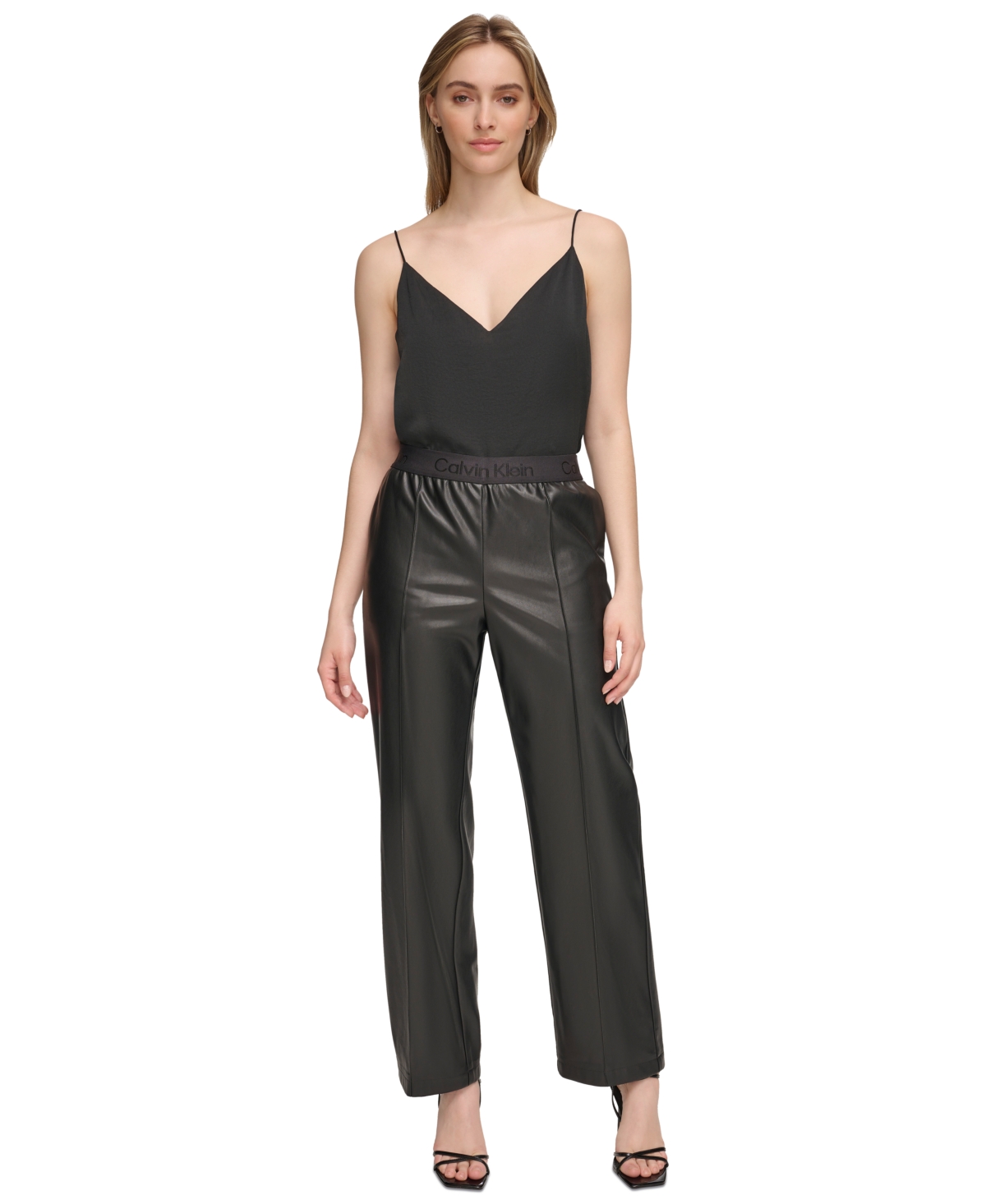 Calvin Klein Women's Logo-waist Faux Leather Pull-on Pants In Black