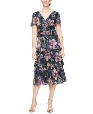green emerald velvet dress S.L. Fashions Sleeveless Floral Print Flowing Ruffle Tiered Party Maxi Dress main image 1