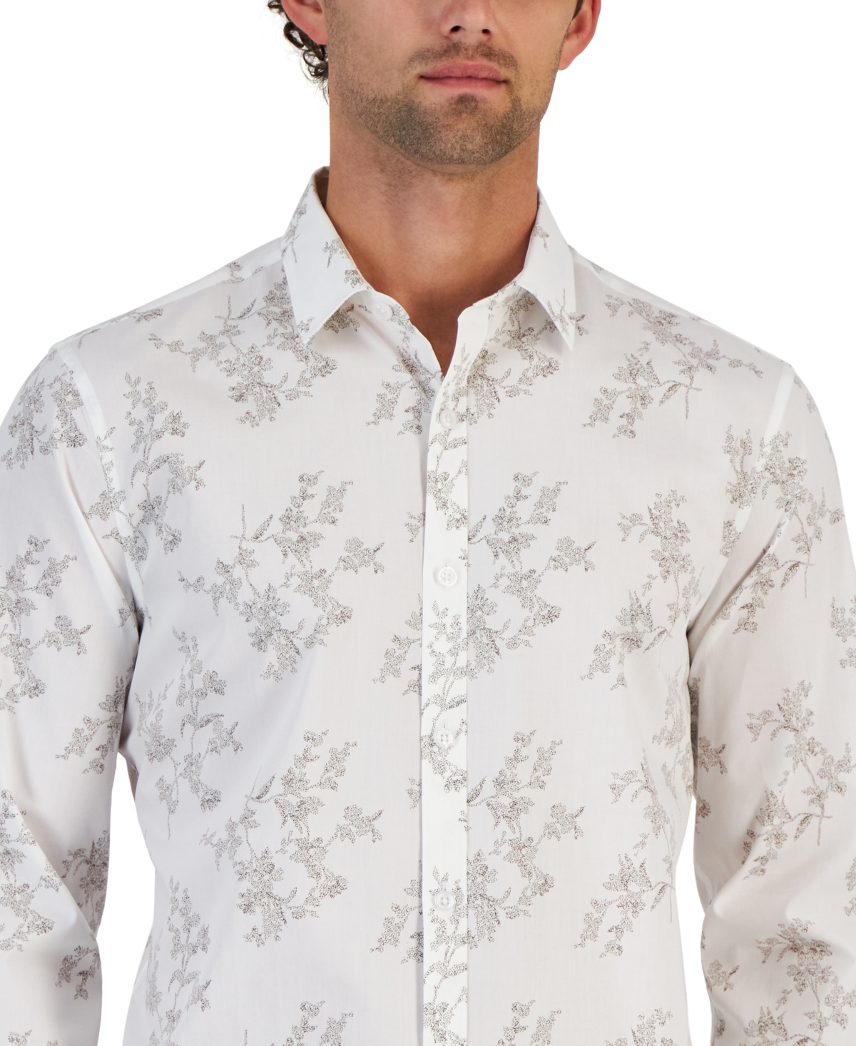 Shop Alfani Men's Dotted Floral Print Long-sleeve Button-up Shirt, Created For Macy's In Bright White