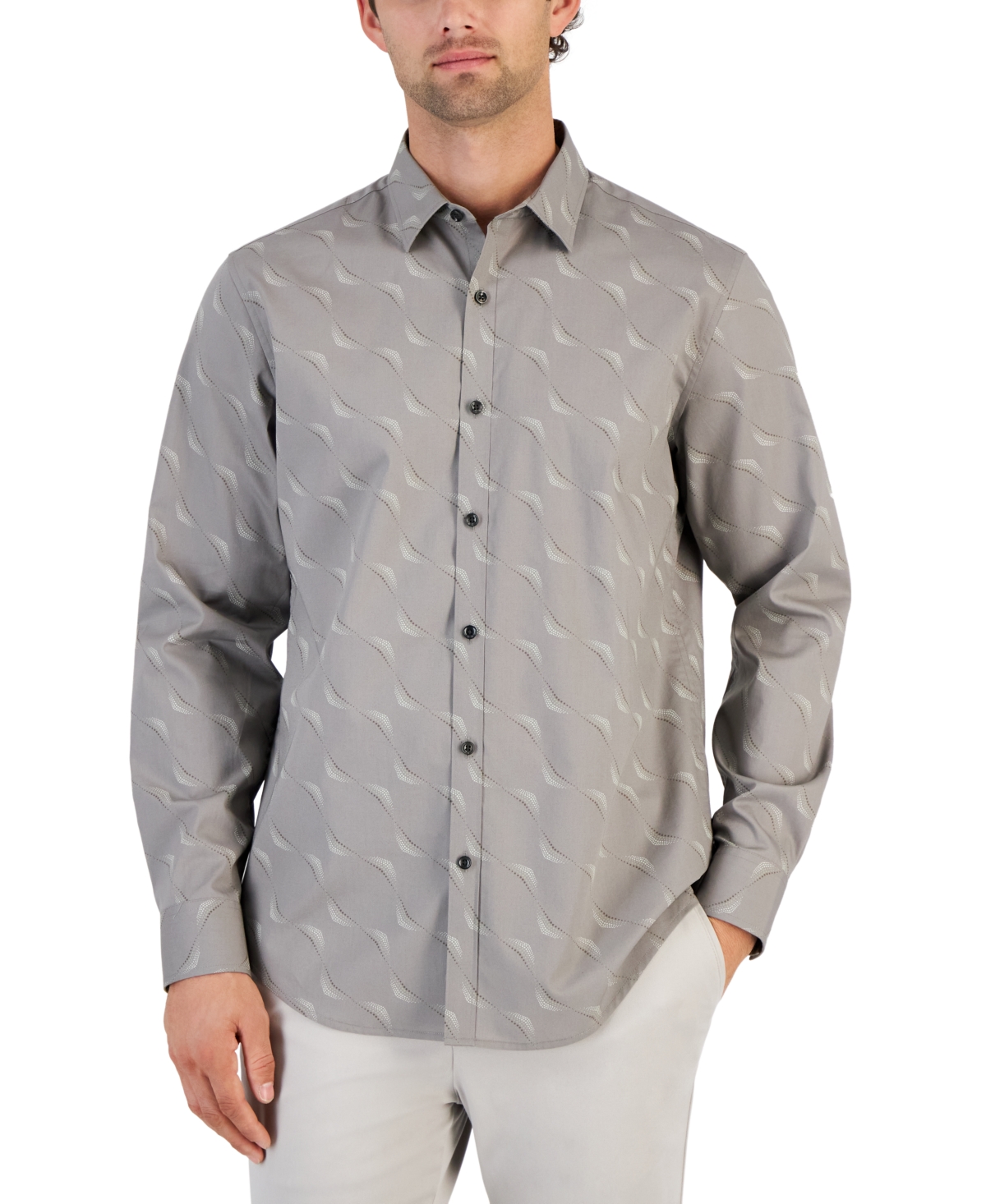 Alfani Men's Dot Wave Print Long-sleeve Button-up Shirt, Created For Macy's In Smoked Taupe