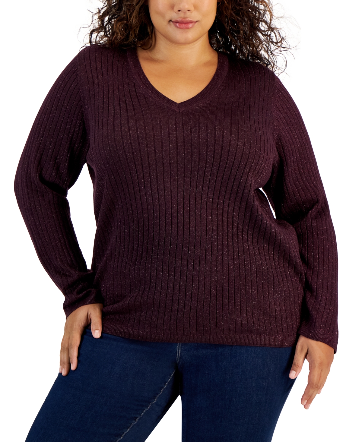 TOMMY HILFIGER PLUS SIZE RIBBED METALLIC-THREADED SWEATER