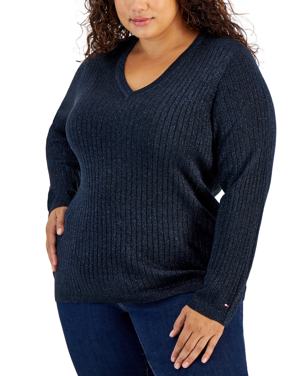 Tommy Hilfiger Plus Size Ribbed Metallic-threaded Sweater In Sky Captain