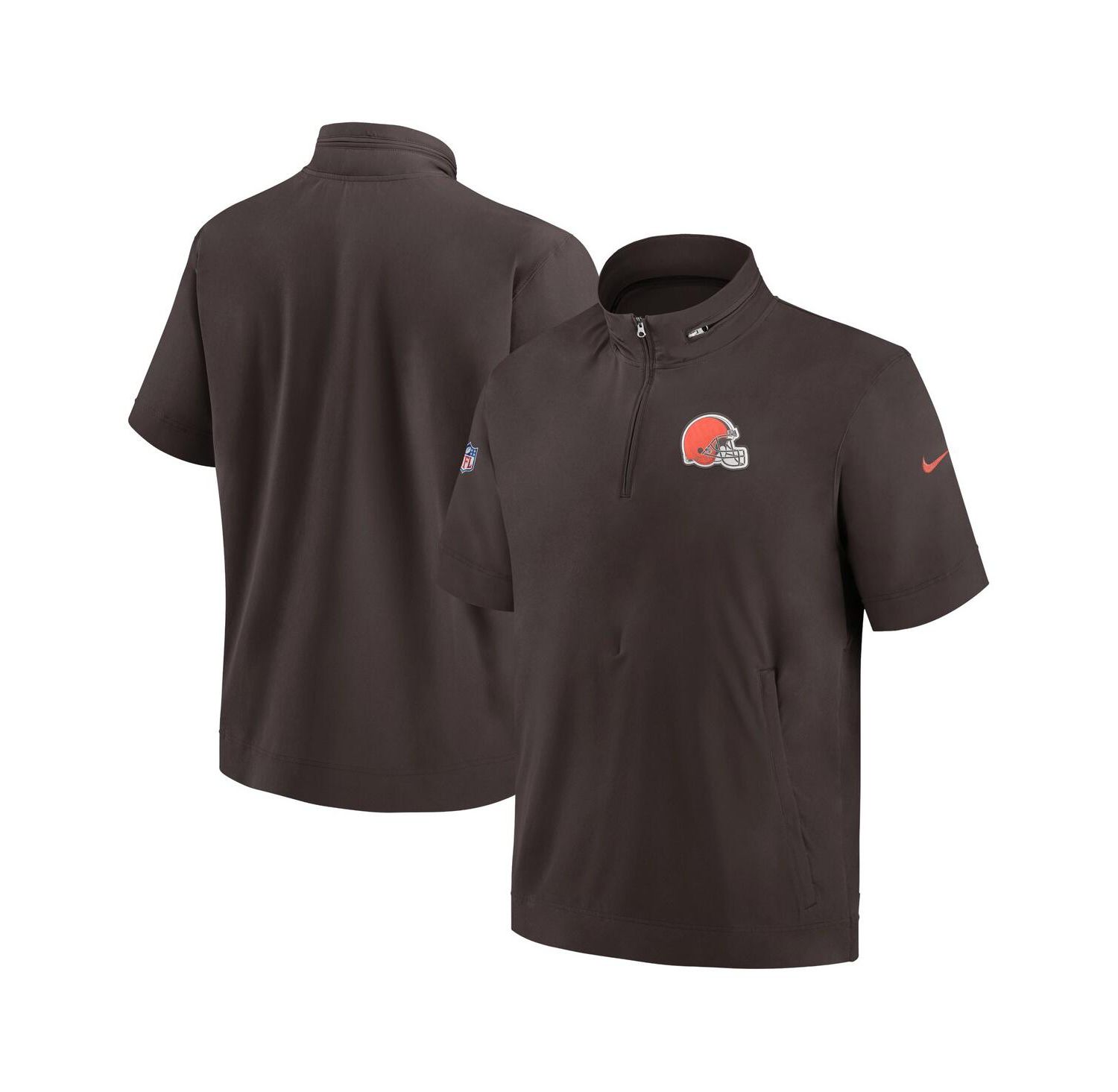 Men's Brown Cleveland Browns Sideline Coach Short Sleeve Hoodie Quarter-Zip Jacket