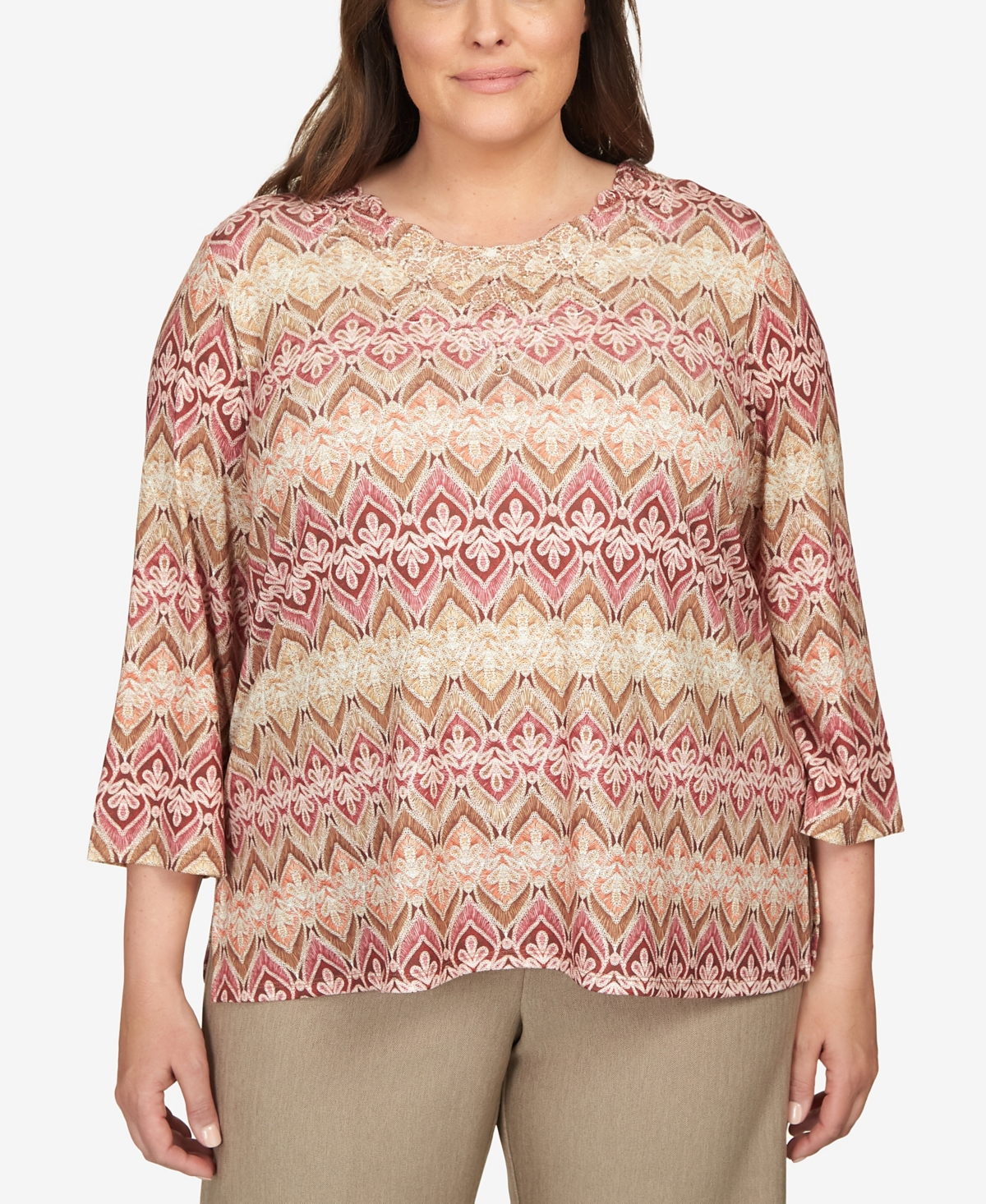 Alfred Dunner Plus Size Mulberry Street Lace Neck Biadere Top In Multi