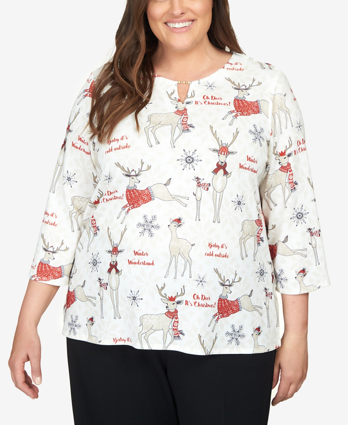 Alfred Dunner Plus Size Classics Oh Deer Split Neck Top In Multi