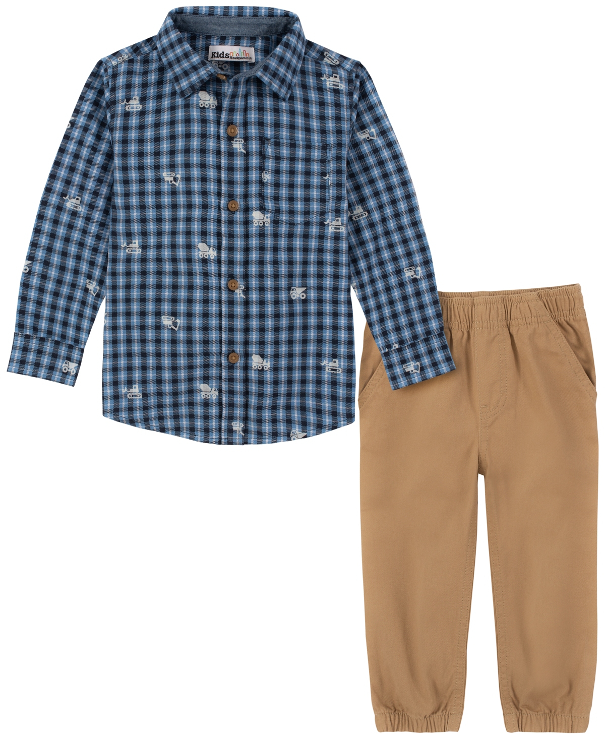 Kids Headquarters Toddler Boys Print-plaid Long Sleeve Button-front Shirt And Twill Joggers, 2 Piece Set In Blue