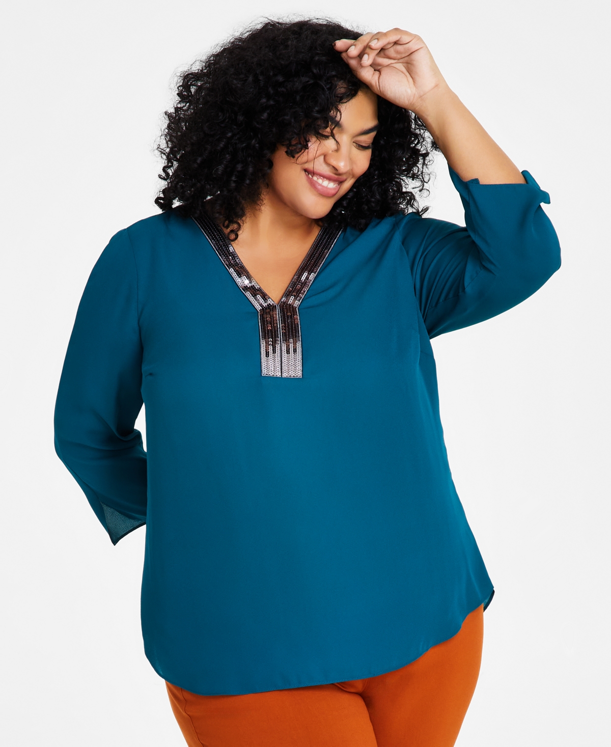 JM COLLECTION PLUS SIZE SEQUINED-NECK 3/4-SLEEVE TOP, CREATED FOR MACY'S
