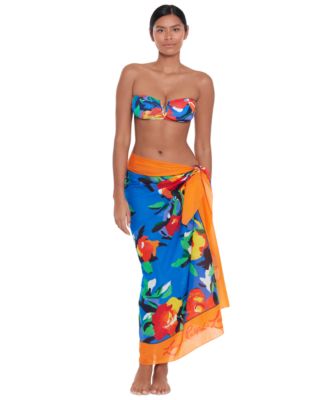 Lauren Ralph Lauren Womens Printed V Wire Bandeau Bikini Top Pareo Wrap Cover Up In Blue