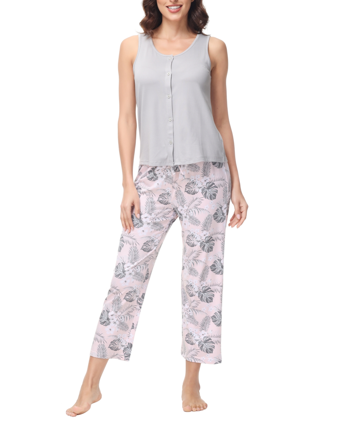 Ink+ivy Women's 2 Piece Button Down Top With Cropped Wide Leg Pants Pajama Set In Sweet Palm