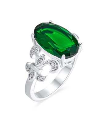 Fleur De Lis Pave Accent CZ Estate Large Oval Solitaire 7CT Cubic Zirconia Green Cocktail Statement Ring