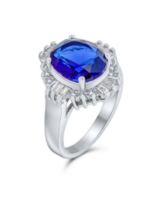 Art Deco Style Royal Blue Oval Baguette Halo 6CT CZ Solitaire Statement Promise Ring Silver Plated