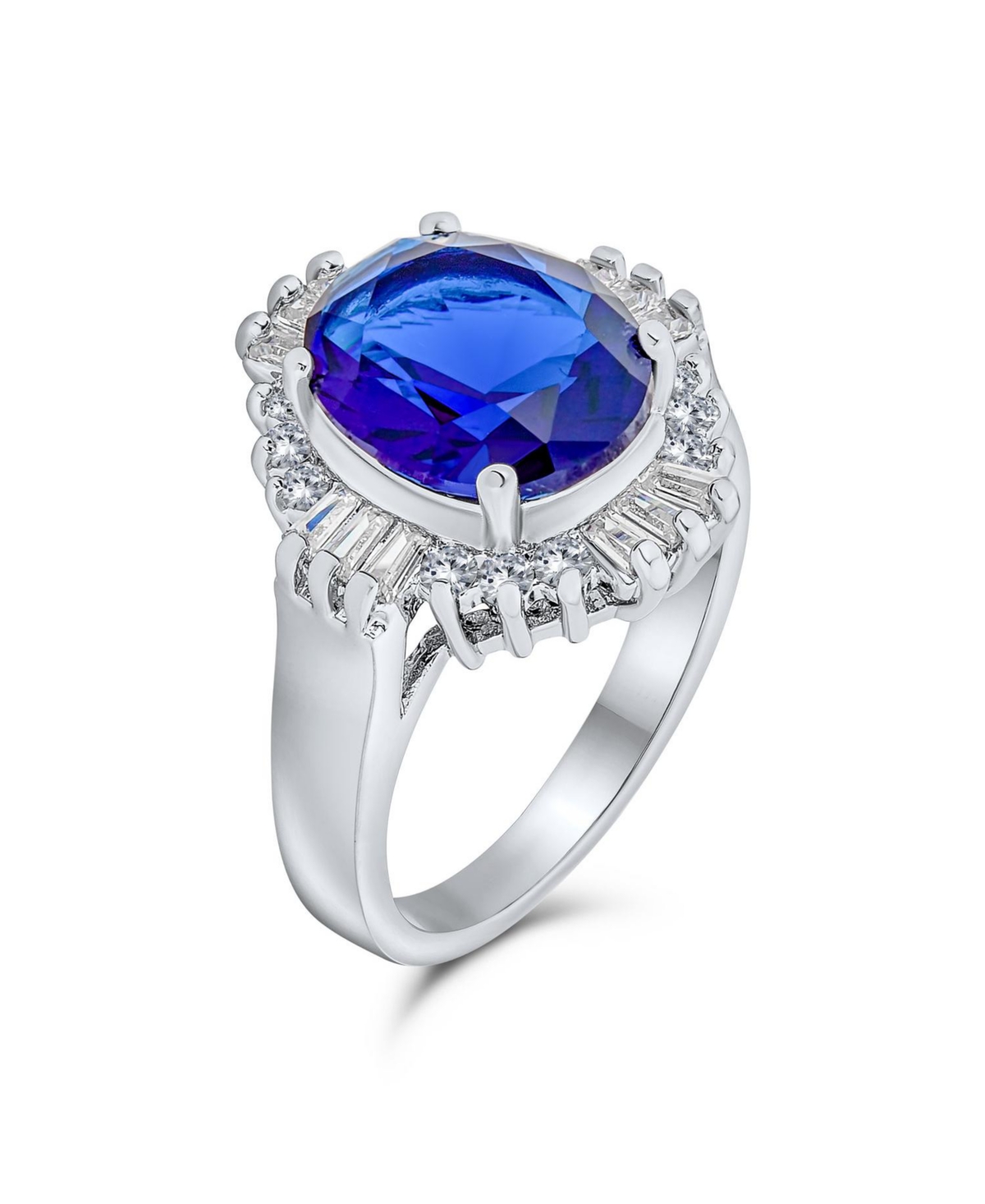 Bling Jewelry Art Deco Style Royal Blue Oval Baguette Halo 6 Ct Cz Solitaire Statement Ring For Women Rhodium Plated