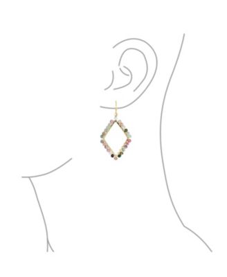 Geometric Wire Wrap Cluster Linear Fish Hook Multi Color Natural Fluorite Long Lightweight Rhombus Shape Dangle Earrings Gold Plated