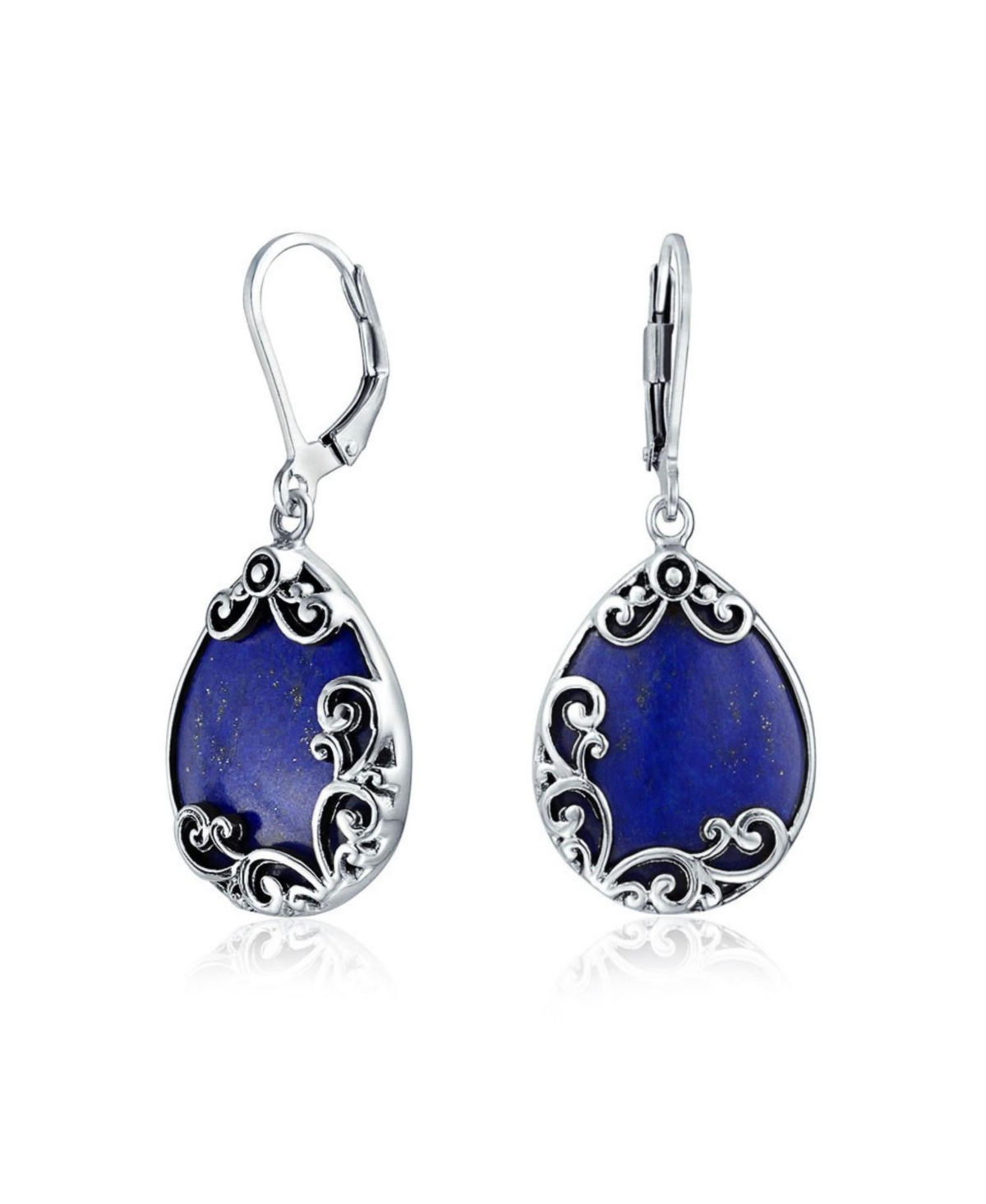 BLING JEWELRY WESTERN STYLE TEARDROP SCROLL FILIGREE SCROLL BLUE LAPIS LAZULI LEVER BACK DANGLE EARRINGS FOR WOMEN