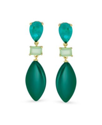 Unique Green Natural Amazonite Rhombus Teardrop Rectangle Multi Shape CZ 3 Multi-Tier Party Dangling Earrings in Gold Plated