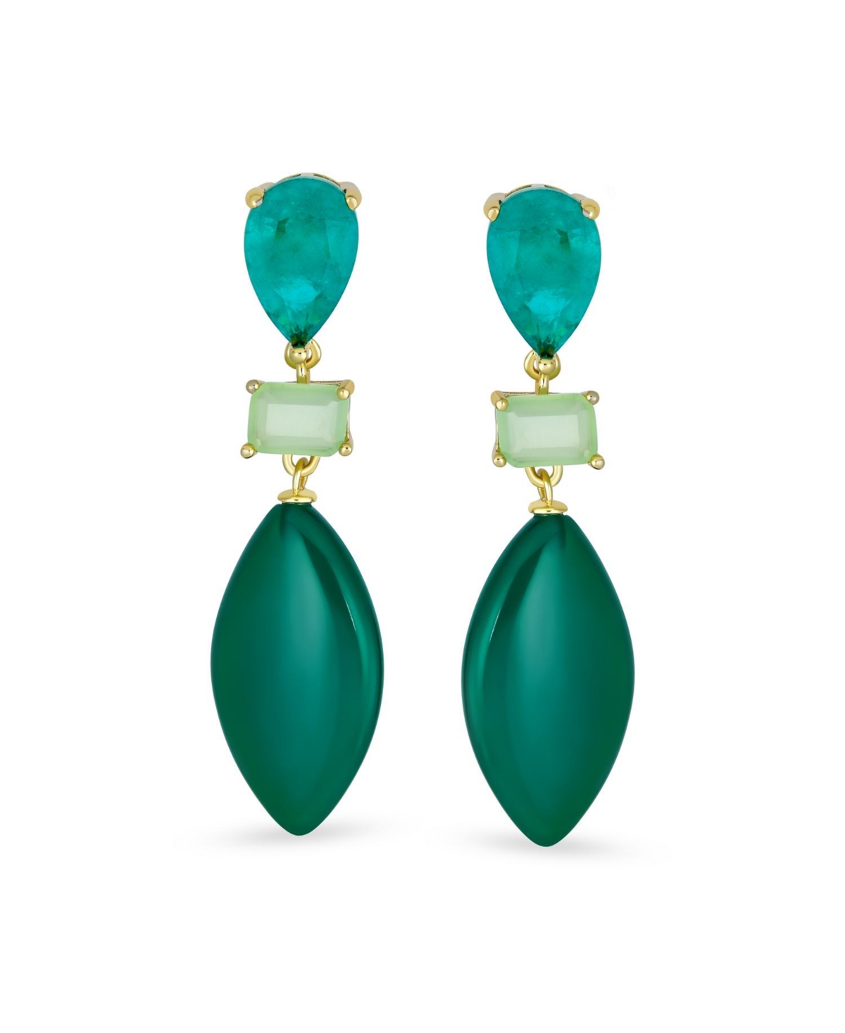 Bling Jewelry Unique Green Natural Amazonite Rhombus Teardrop Rectangle Multi Shape Cz 3 Multi-Tier Party Dangling Earrings in Gold Plated - Green ama