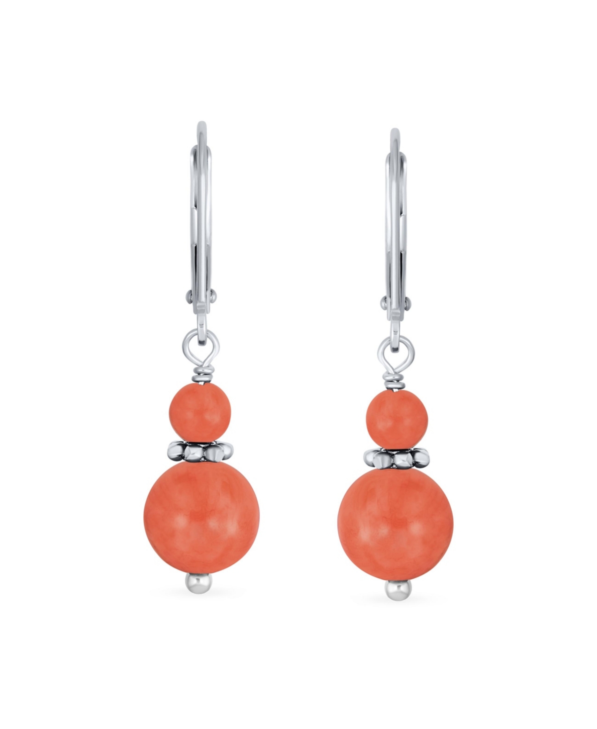 Bling Jewelry Orange Peach Natural Coral Bali Milgrain Edged Beaded Rondel Separator Double Ball Round Drop Dangle Earrings Sterling Silver Lever back