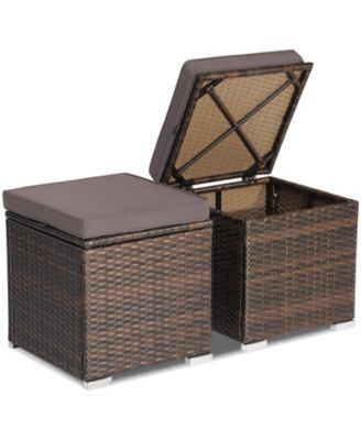 2 Pc Patio Rattan Storage Ottomans with Cushions