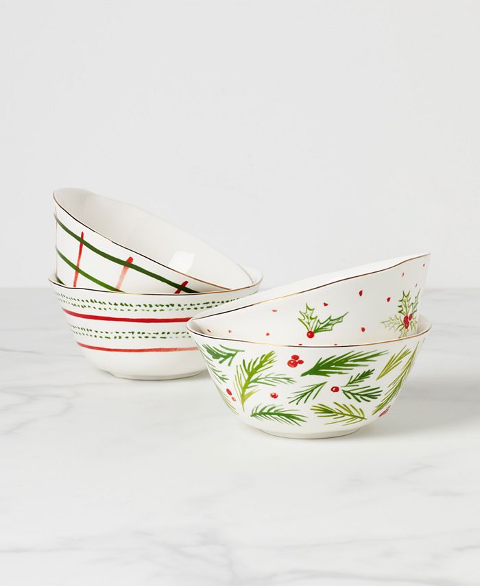 LENOX Bayberry Set Da Dessert 12 Pezzi, Porcellana, Rosso E Verde, 4 Piatti 4 Ciotole 4 Tazze, Lavabile In Lavastoviglie