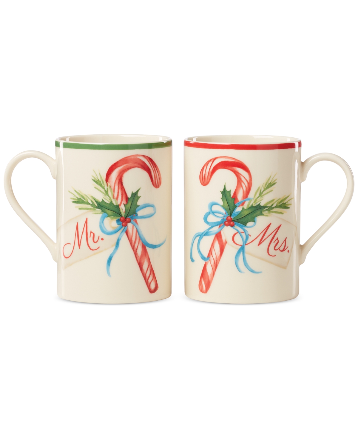 Lenox Mr & Mrs 2-piece Porcelain Candy Cane Mug Set In Multi And White