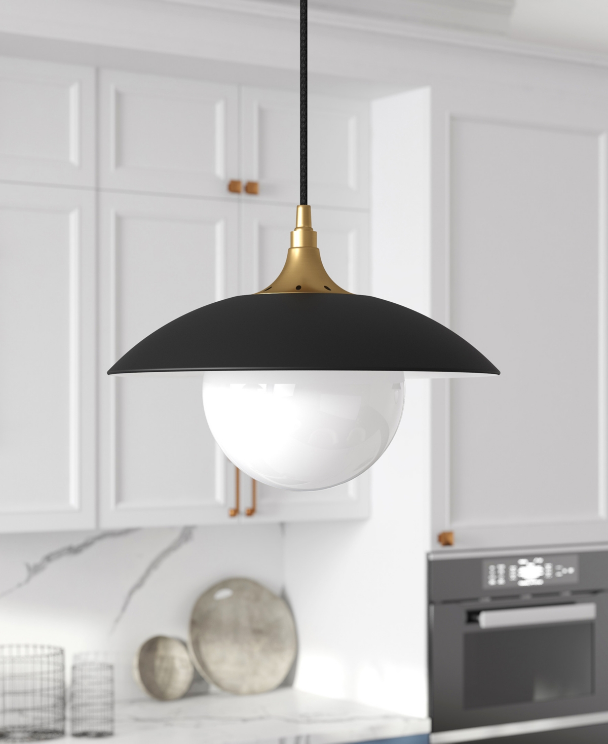 Hudson & Canal Alvia Wide Pendant with Metal, Glass Shade - Brass