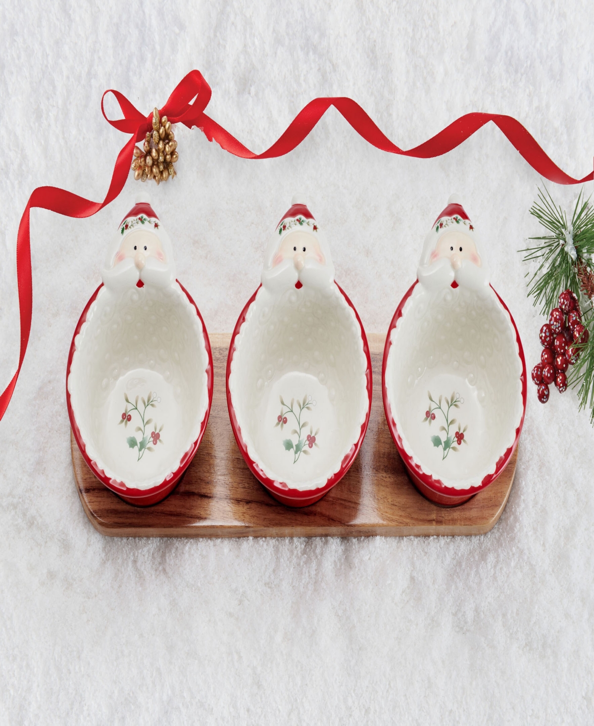 Winterberry Santa Dip Bowls With Wood Base In Assorted