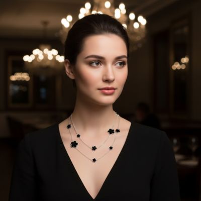 Fashion Long Double Wrap Strand Black Enamel Flower Clover Necklace Silver Plated 42 Inch