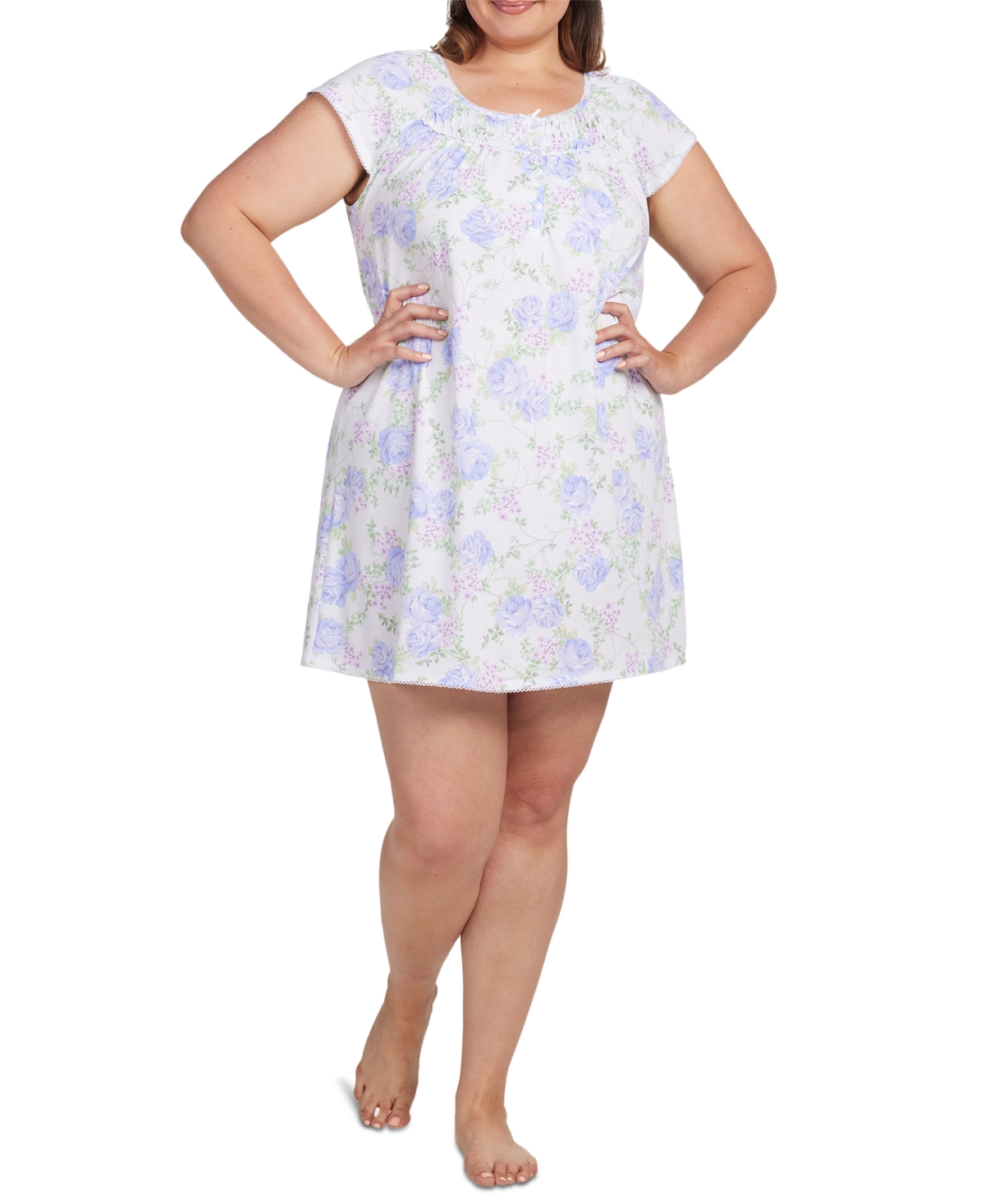 Miss Elaine Plus Size Printed Short-sleeve Nightgown In Periwinkle Roses On Lt Blu
