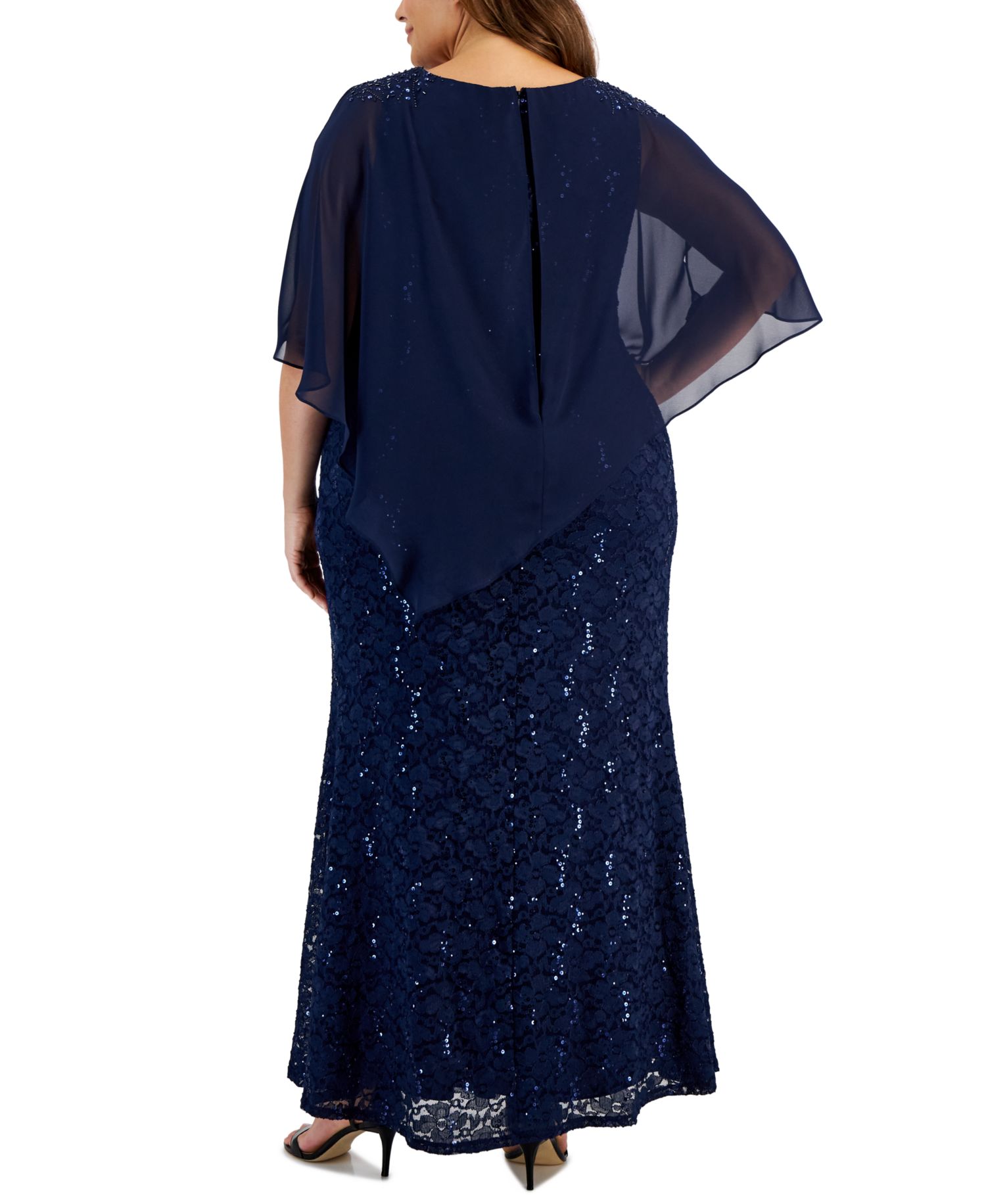 Plus Round-Neck Sequin Lace Cape Dress