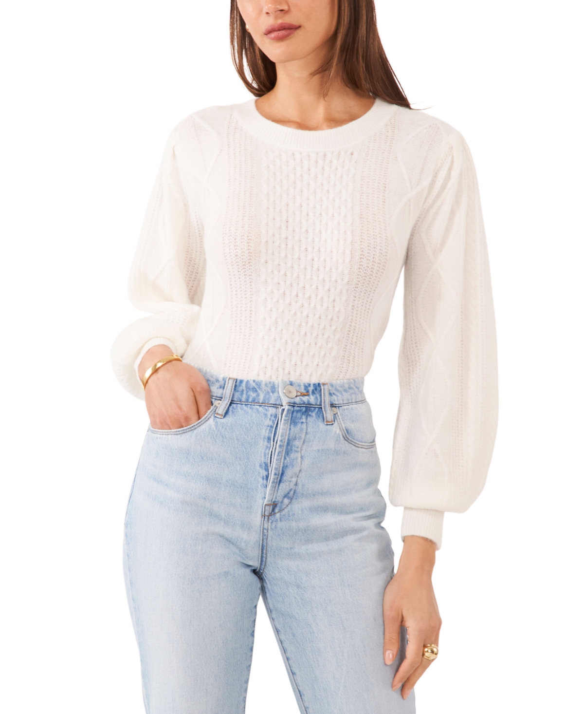 1.state Women's Variegated Cables Crew Neck Sweater In Antique White