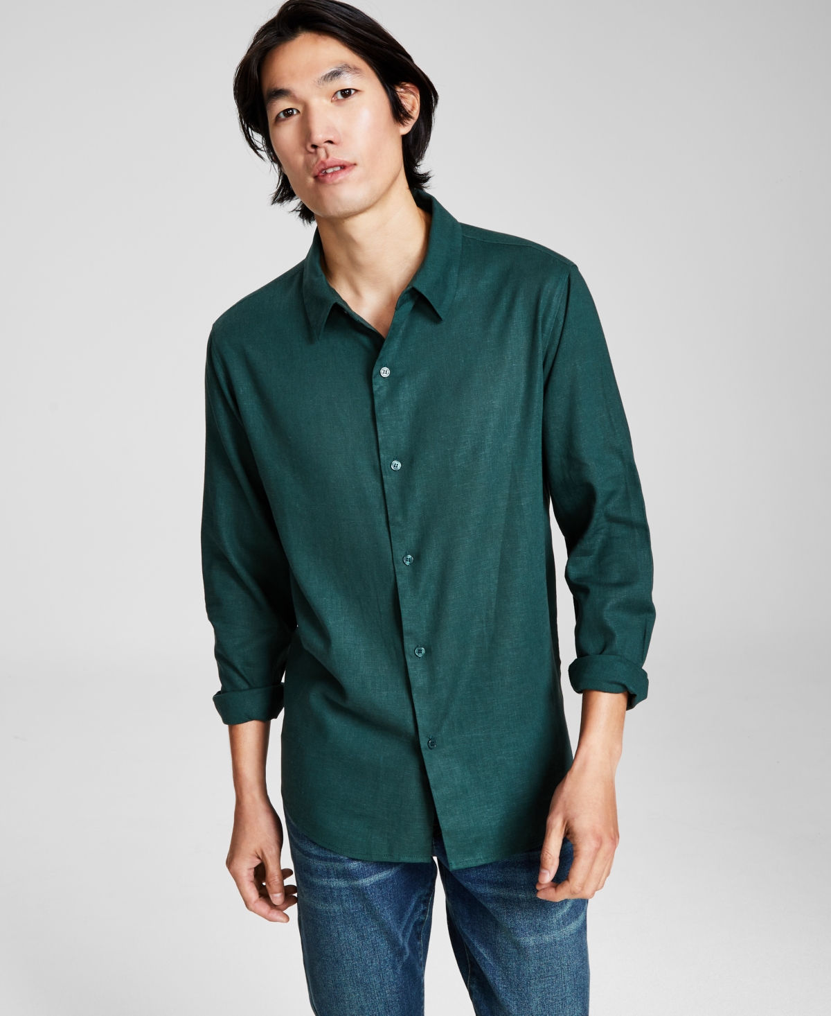 And Now This Men's Regular-fit Long-sleeve Linen-blend Shirt, Created For Macy's In Sycamore
