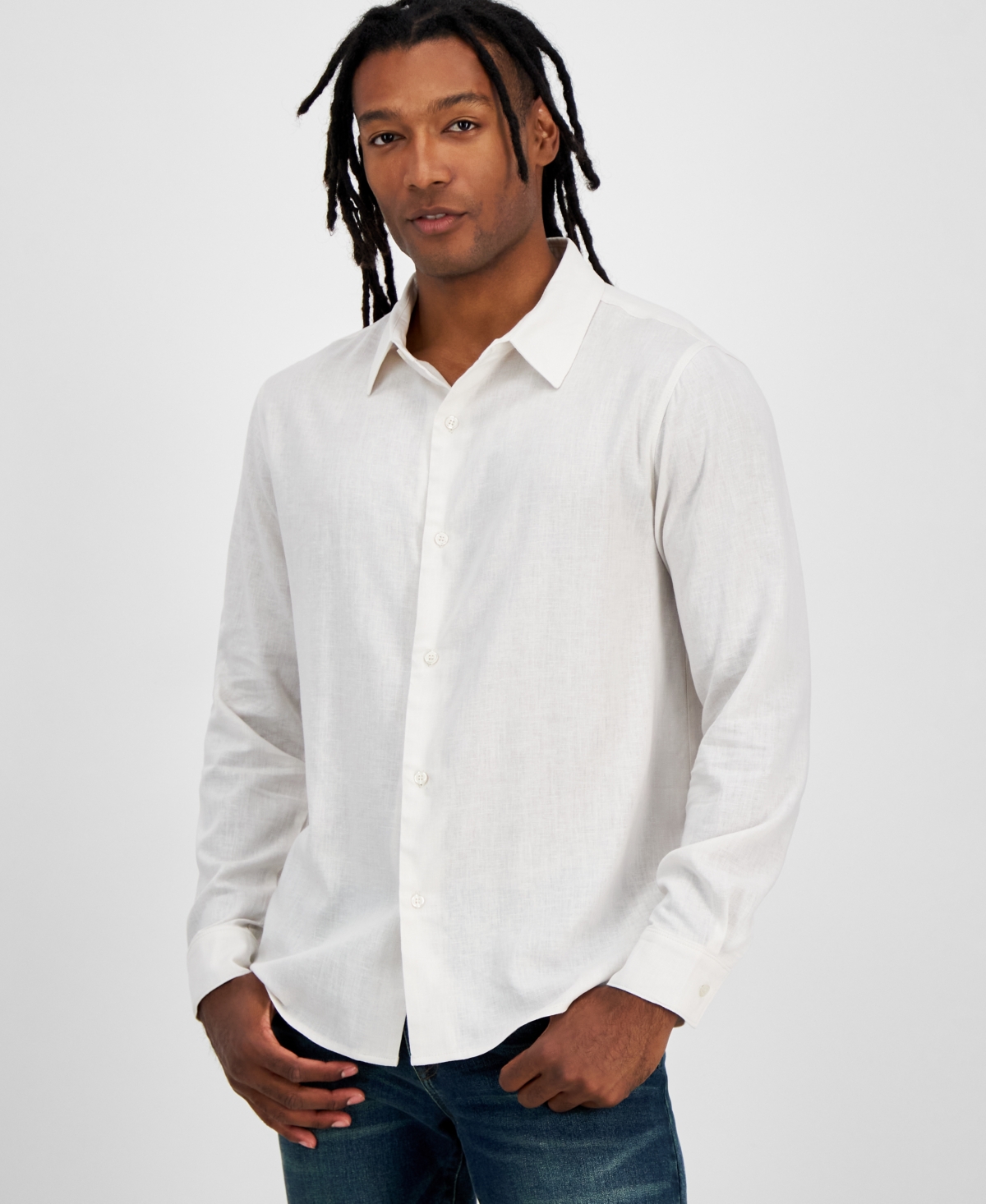 And Now This Men's Regular-fit Long-sleeve Linen-blend Shirt, Created For Macy's In White Sand