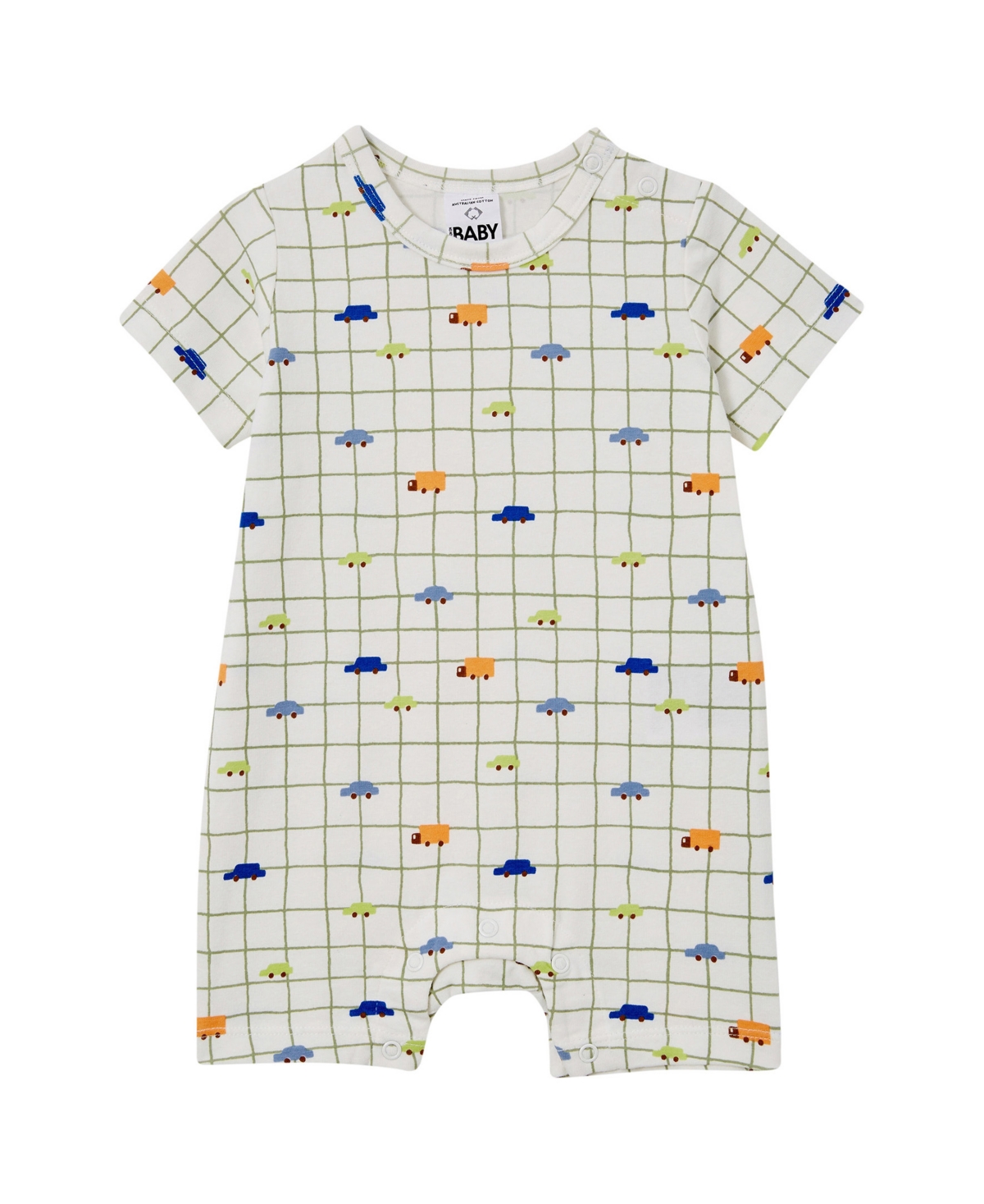 Cotton On Baby Boys Printed Short Sleeved Romper - Car Sketchy Grid