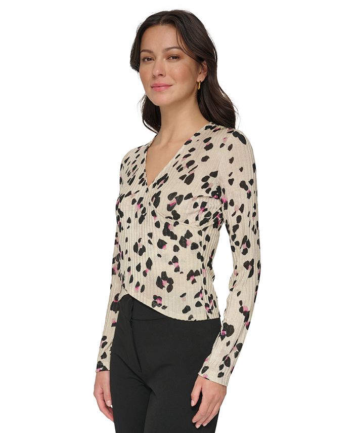 DKNY Women's Printed Ribbed SurpliceNeck Top Macy's