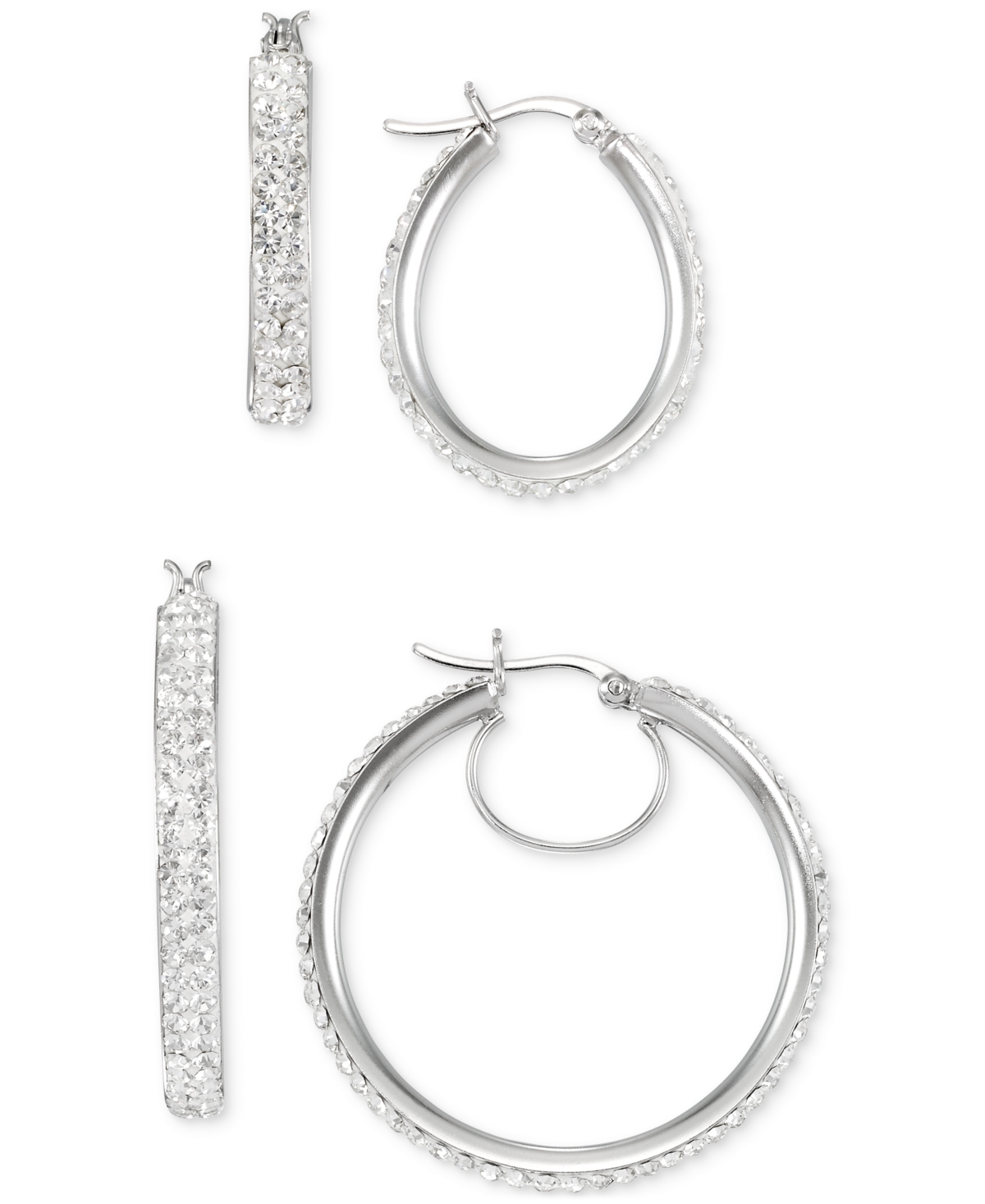 Macy's 2-pc. Set Crystal Pave Oval & Round Hoop Earrings In Silver